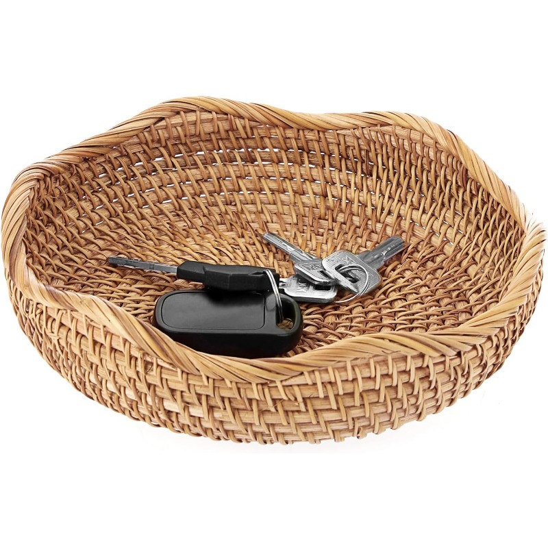 Round Woven-Look Decorative Tray with Raised Rim and Displayed 8.5-Inch Diameter in Natural Color