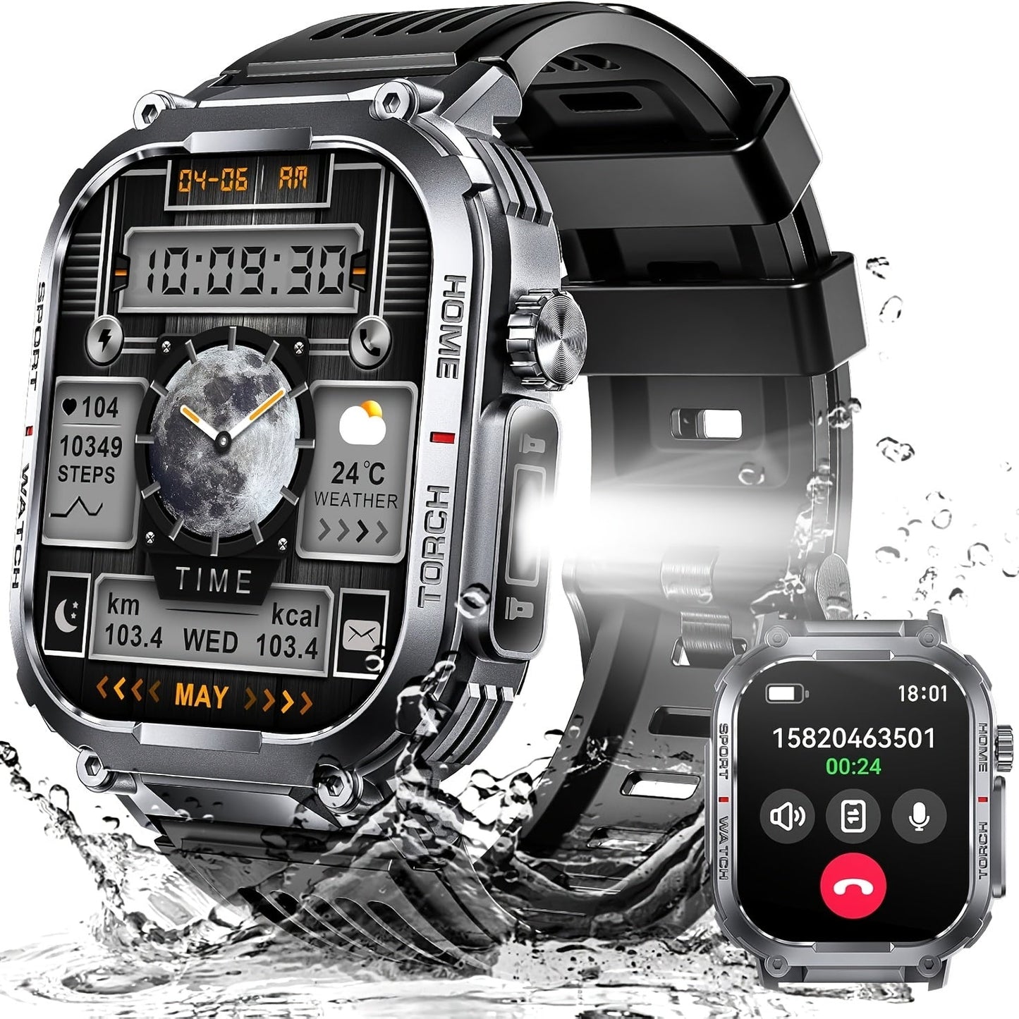 Smart Watch 2.02-Inch Rugged Display with Calling, LED Flashlight, 400mAh Battery and Black Band