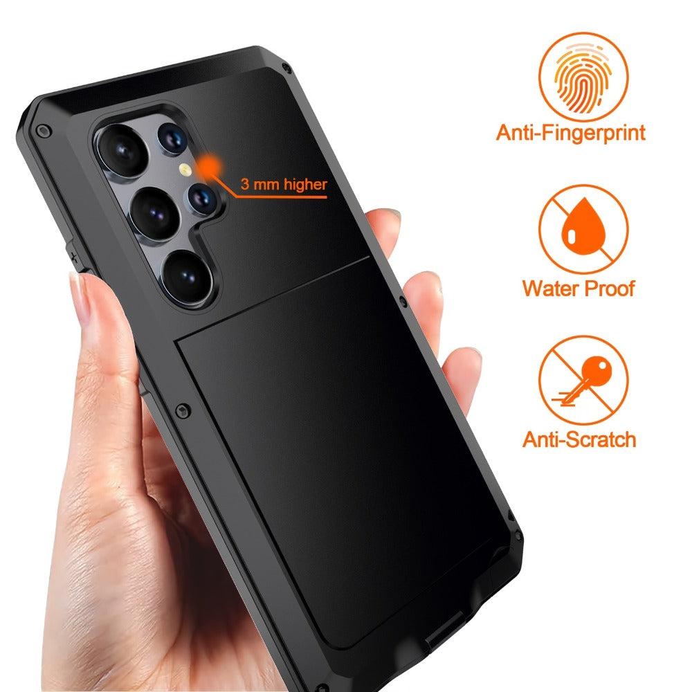 Phone Case Heavy Metal Frame with Built-In Glass Screen Protector and S Pen Access for Galaxy S23/S24 Ultra