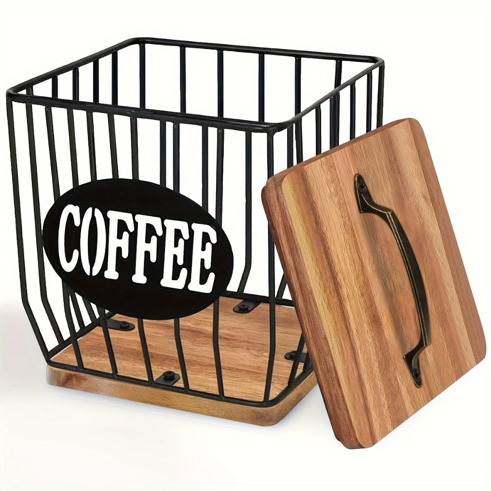 Square Metal Coffee Pod and Filter Storage Basket with Wood Lid and Base, Black Finish and Two Label Options