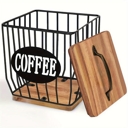 Square Metal Coffee Pod and Filter Storage Basket with Wood Lid and Base, Black Finish and Two Label Options
