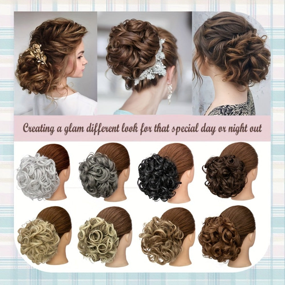 Six-Inch Curly Clip-In Hair Bun Extension with Comb and Scrunchie in Four Blended Color Options
