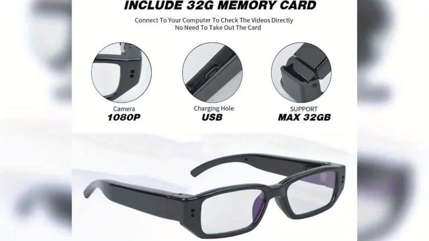Camera Glasses 1080P HD Spy Hidden Wearable Video Recorder – TF Card 32GB/64GB, No Driver Plug & Play USB, Hands-Free POV Recording for Sports Outdoor Meeting Travel | Unique Tech Gift for Men