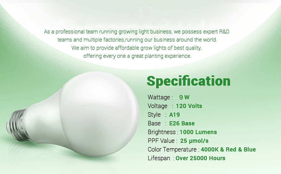 Grow Light Bulb A19 E26 Full Spectrum 9W 100W Equivalent | Natural White 4000K LED Plant Bulb for Indoor Plants Seed Starting | 2 4 6 12 Pack Options