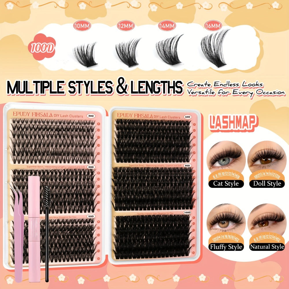 Lash Extension Kit with 708 Clusters in 8-16mm Mixed Lengths and 30D-100D Densities, Glue, Tweezers and Brush