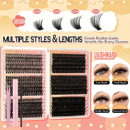 Lash Extension Kit with 708 Clusters in 8-16mm Mixed Lengths and 30D-100D Densities, Glue, Tweezers and Brush