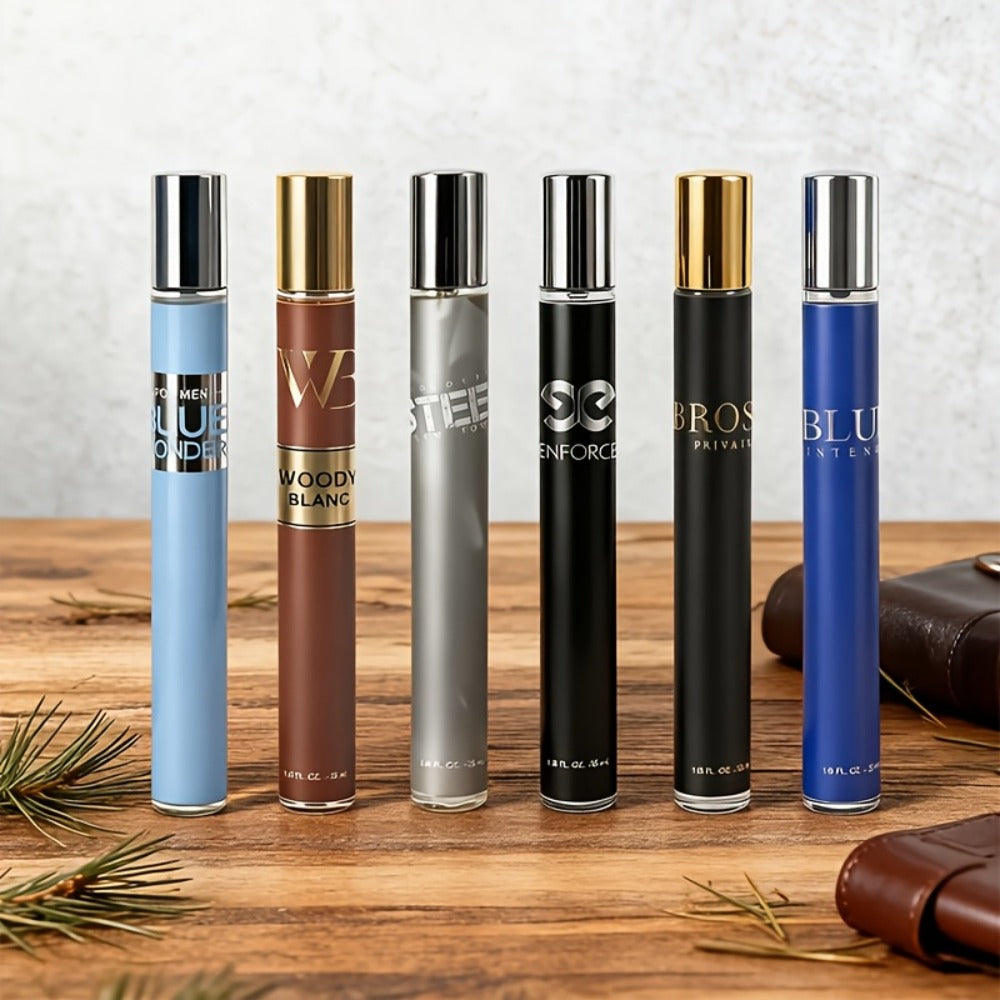 Travel Cologne Gift Set for Men – 6-Piece Mini EDP Spray Sampler, Long Lasting Unique Scents, TSA-Friendly Travel Size, Holiday Dating Gift for Him