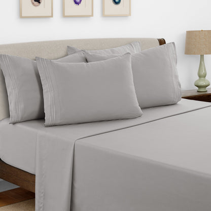 Bed Sheet Set Brushed Microfiber with Embroidered Pillowcases, 16-Inch Pocket and 4- or 6-Piece Sizing