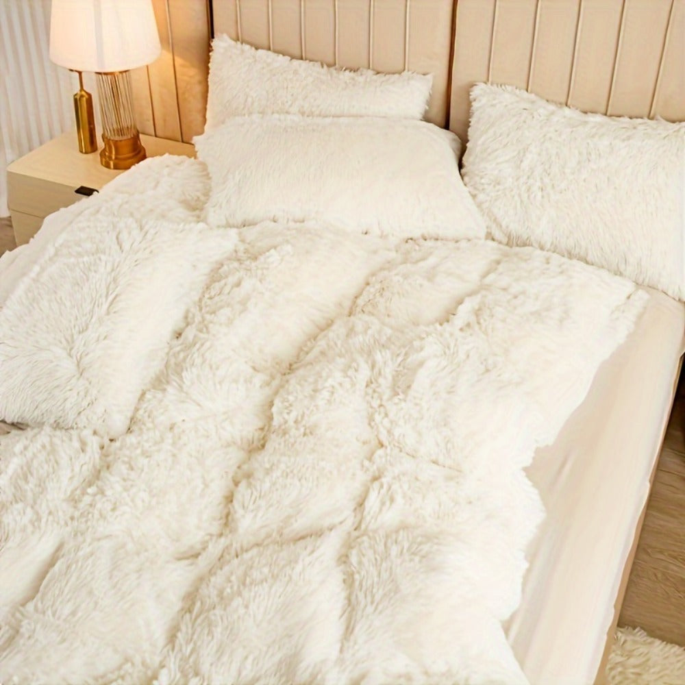 Three-Piece Plush Polyester Duvet Cover Set with Two Pillowcases in 14 Colors and Twin, Full, Queen or King Sizes