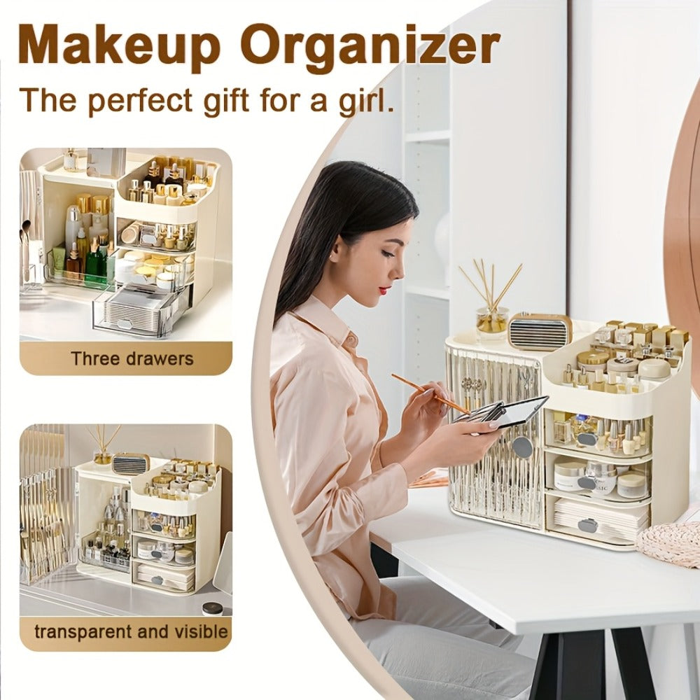 Three-Drawer Makeup Organizer with Mirror in Transparent Black or Cream White Large Checkout Options