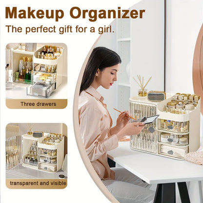Three-Drawer Makeup Organizer with Mirror in Transparent Black or Cream White Large Checkout Options