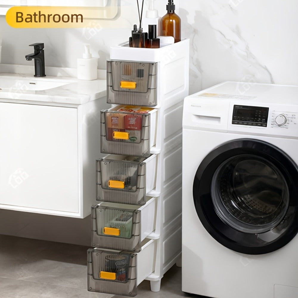 Storage Cabinet Slim PP Drawer Tower with Wheels, Pull-Out Bins and Three, Four or Five Layers