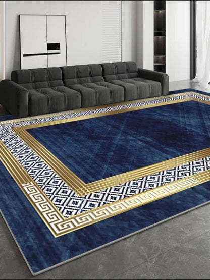 Navy Blue and Gold Geometric Area Rug with Four Exact Rectangular Size Options for Living Spaces