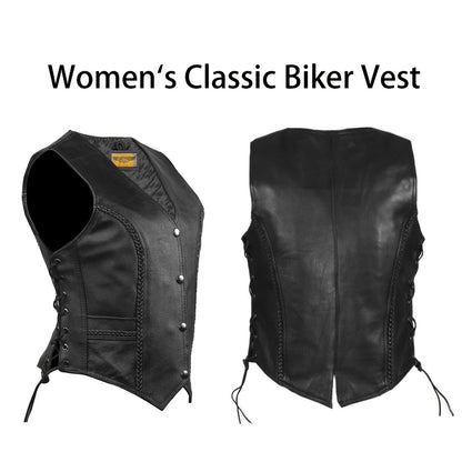 Women's Leather Motorcycle Vest – Concealed Carry Pockets, Lace-Up Sides, Metal Eyelet Accents, Adjustable Straps, Edgy Biker Style, Black, Sizes XS to XXXXXL