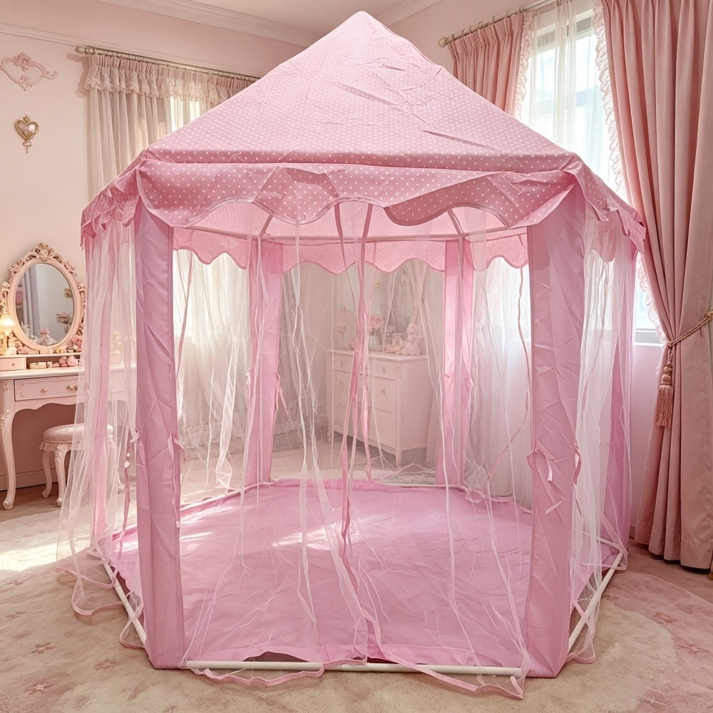 Pink Hexagonal Princess Play Tent with Sheer Mesh Door, Flower Print, 48-Inch Base and 52-Inch Height