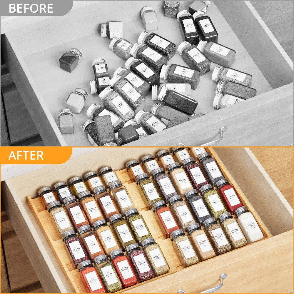 Bamboo Spice Drawer Organizer Expandable 4-Tier | Adjustable Width 12"-23" Fits 3" Deep Drawers | Space-Saving Kitchen Cabinet Seasoning Storage Tray for Spice Jars Bottles