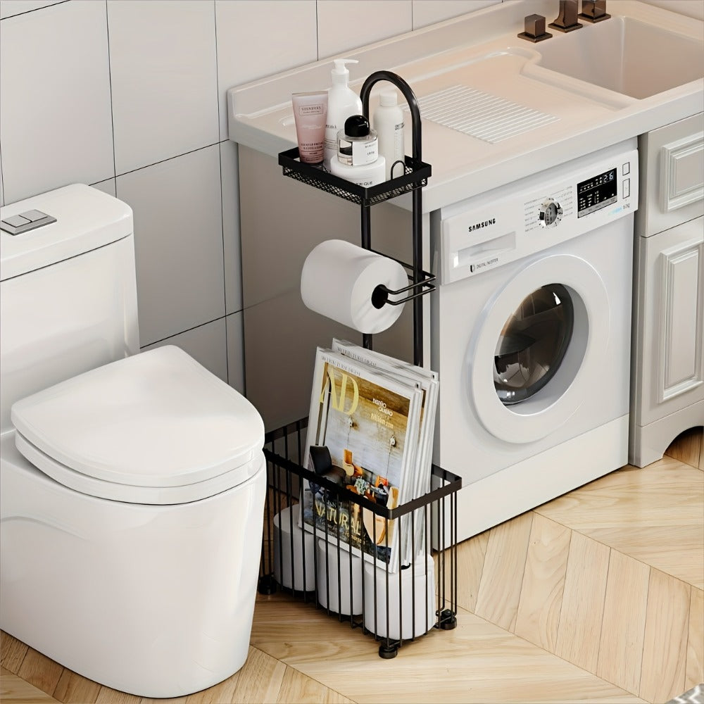 Freestanding Toilet Paper Holder with Rectangular Six-Roll Storage Basket, Upper Shelf and Pack Options