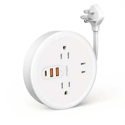 Travel Power Strip Retractable 4ft Flat Plug Extension Cord 3 Outlets 3 USB Ports 2 USB-C Compact Charging Station for Dorm Office Home Desk Travel