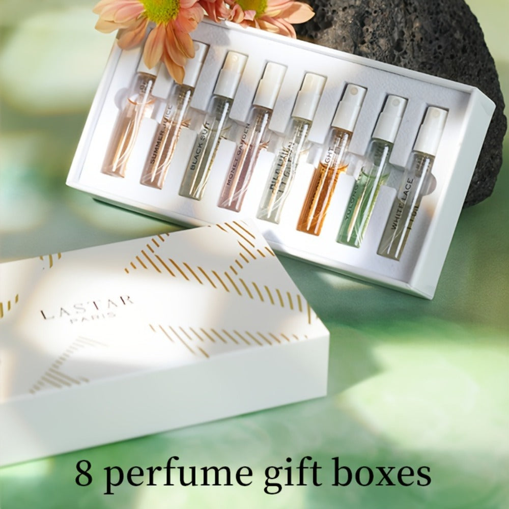 Perfume Gift Set LASTAR Eight-Piece Spray Bottle Collection in White Gold Box with Fitted Insert for Women