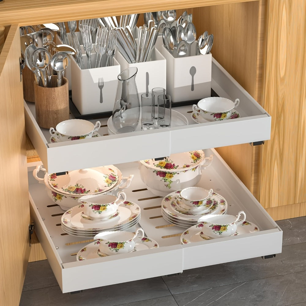 Expandable Pull-Out Cabinet Shelf with Adjustable Width, 16.5- or 21-Inch Depths and Black or White Pack Options