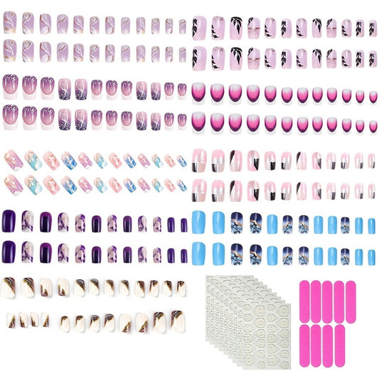 Press On Nails 216-Piece Medium Square Set with Ombre Gradient, White French-Tip and Marble Designs