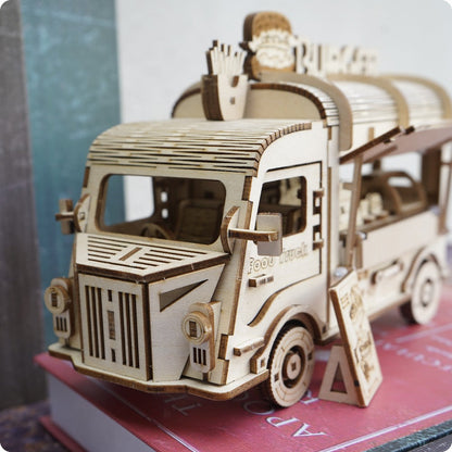 Wooden Food Truck 3D Puzzle Model Kit with Burger Stand Body, Miniature Tables and Pictured 21.5 cm Length