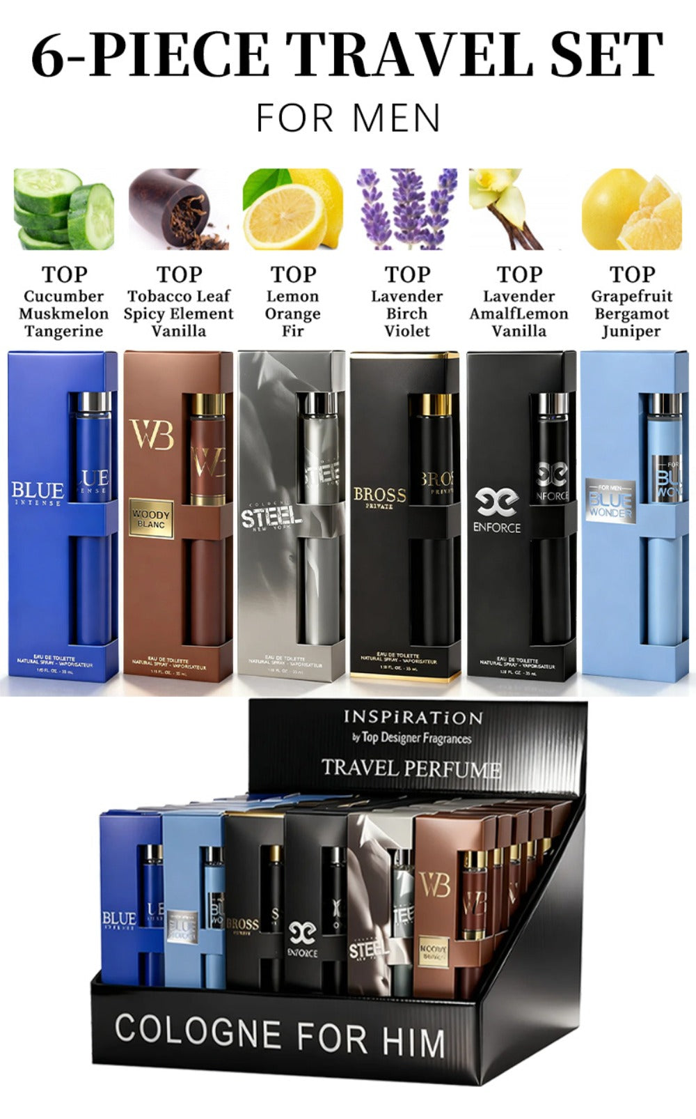 Eau de Toilette Six-Piece Men’s Fragrance Spray Set with 35ml Bottles in Mixed Color Boxes