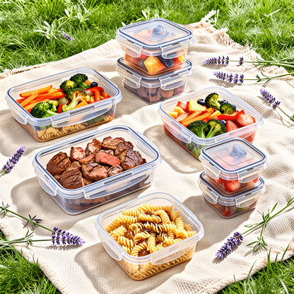 Food Storage Container Set with 12, 20 or 24 Clear Boxes, Locking Lids and Microwave, Dishwasher and Freezer Use