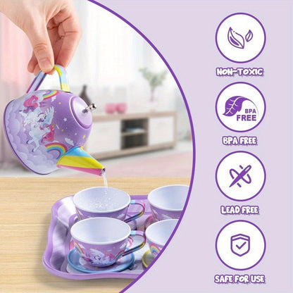 Purple Unicorn Tin Tea Set in Carry Case with Teapot, Four Cups, Four Saucers and Five Plates