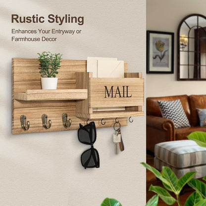 Wall Mounted Storage Rack with Mail Slot – Rustic Wood Floating Shelf with Hooks for Keys, Hats & Envelopes, Decorative Organizer for Entryway, Porch, Bedroom, Bathroom & Living Room