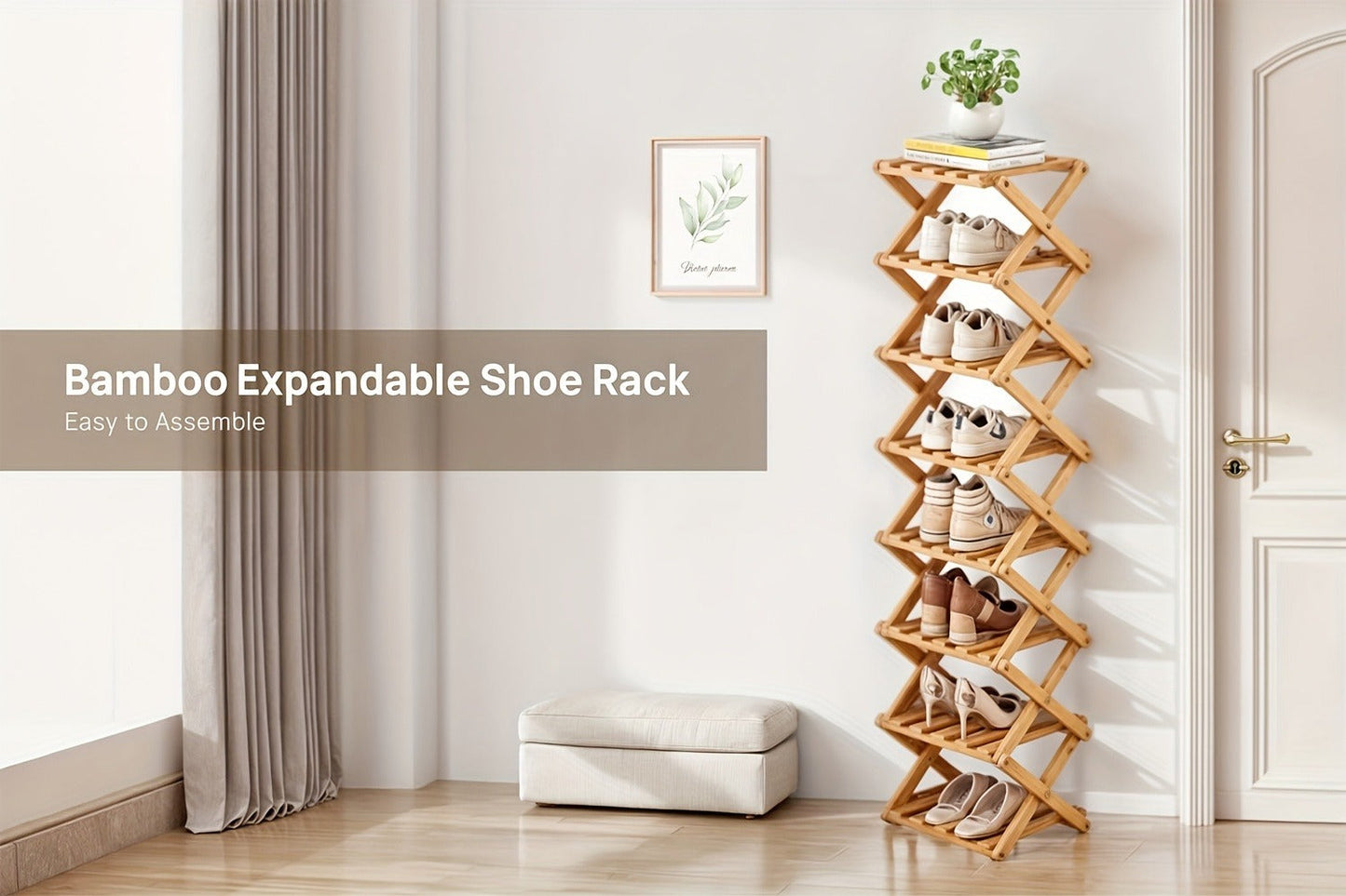 Foldable Bamboo-Labeled Shoe Rack with Six- or Eight-Tier Primary and Brown Checkout Options