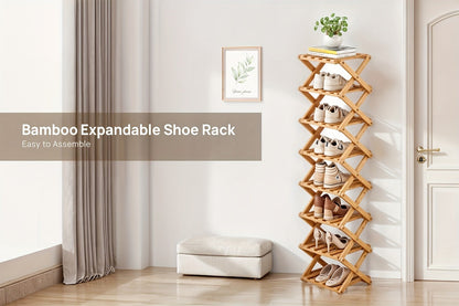 Foldable Bamboo-Labeled Shoe Rack with Six- or Eight-Tier Primary and Brown Checkout Options