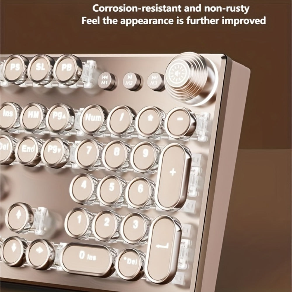 Mechanical Keyboard 104-Key Full-Size Wired USB Layout with Retro Round Keycaps, Backlighting and Control Knob