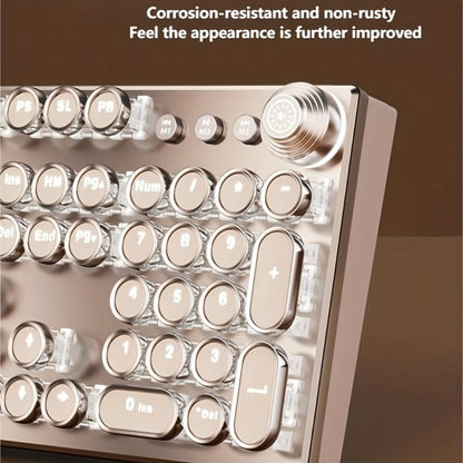 Mechanical Keyboard 104-Key Full-Size Wired USB Layout with Retro Round Keycaps, Backlighting and Control Knob