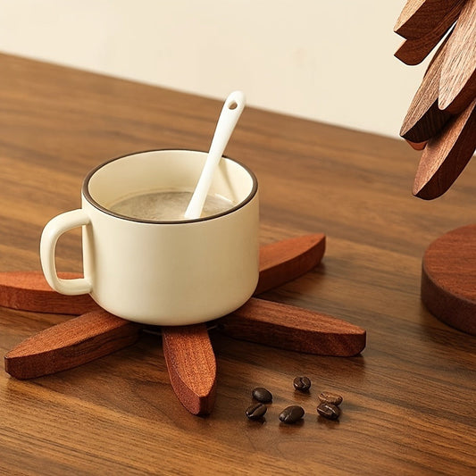 Solid Wood Trivet Mat Set 6pcs with Storage Rack – Heat-Resistant Tree-Shaped Coasters, Natural Foldable Wooden Kitchen Trivets for Hot Dishes, Pots, Bowls & Teapots
