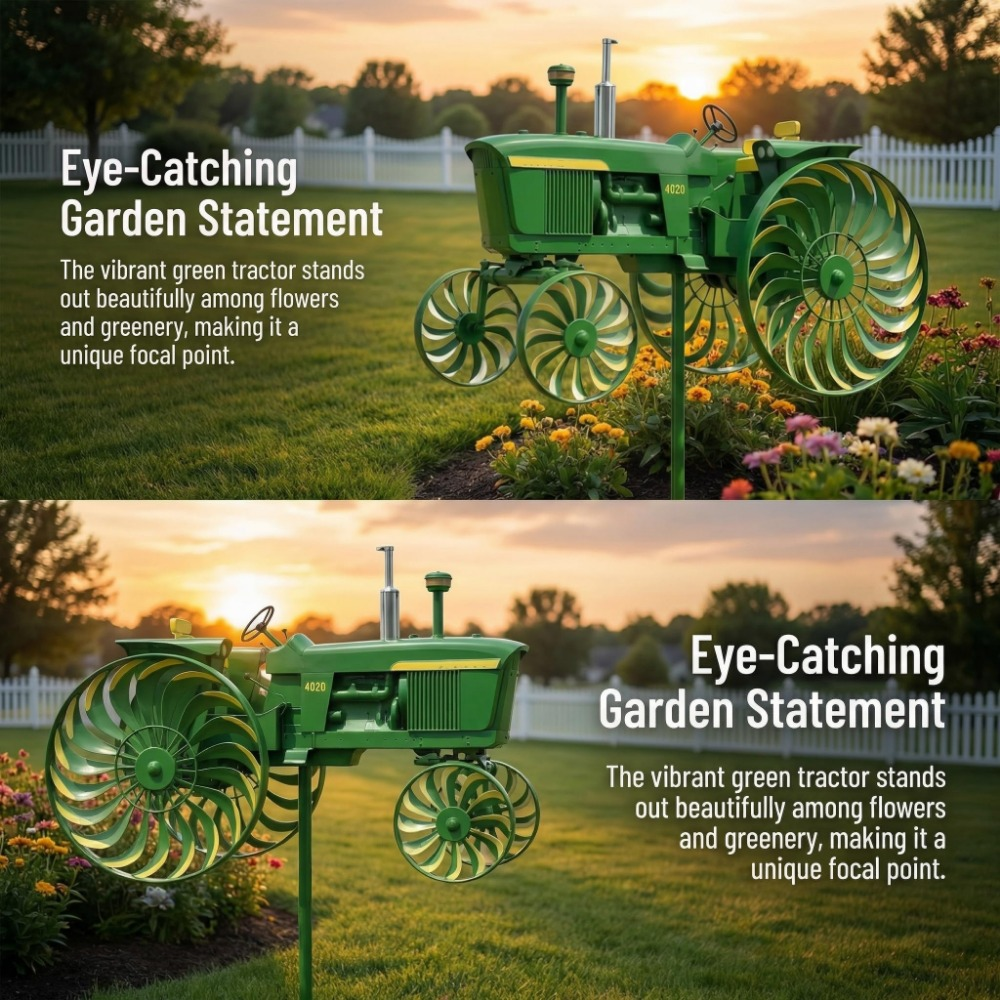 Tractor-Shaped Garden Windmill Stake with Six Rotating Pinwheel Wheels and 28 x 14 cm Topper