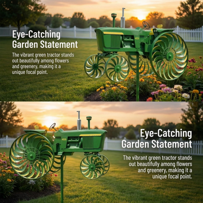 Tractor-Shaped Garden Windmill Stake with Six Rotating Pinwheel Wheels and 28 x 14 cm Topper