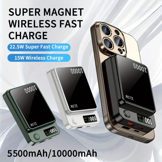 Magnetic Wireless Power Bank 10000mAh MagSafe Compatible 22.5W USB-C Fast Charging with LED Display – Portable Snap-On Battery Pack for iPhone 16 15 14 13 12 Series & Android Smartphones