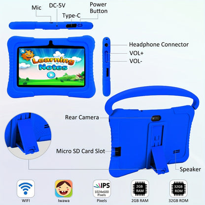 Kids Tablet 7 Inch Android 2GB RAM 16GB 32GB ROM 1TB Expandable WiFi Dual Camera Parental Control Educational Games Eye Protection Drop-Proof Silicone Case Tablet for Kids Toddlers – Pink Blue Purple Navy
