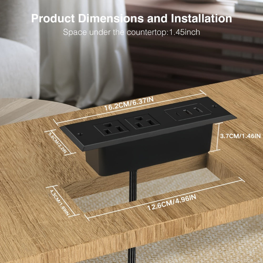 Power Strip Recessed Desk Outlet with Flush-Mount Design, USB-A, USB-C and 1.5-Meter Extension Cord