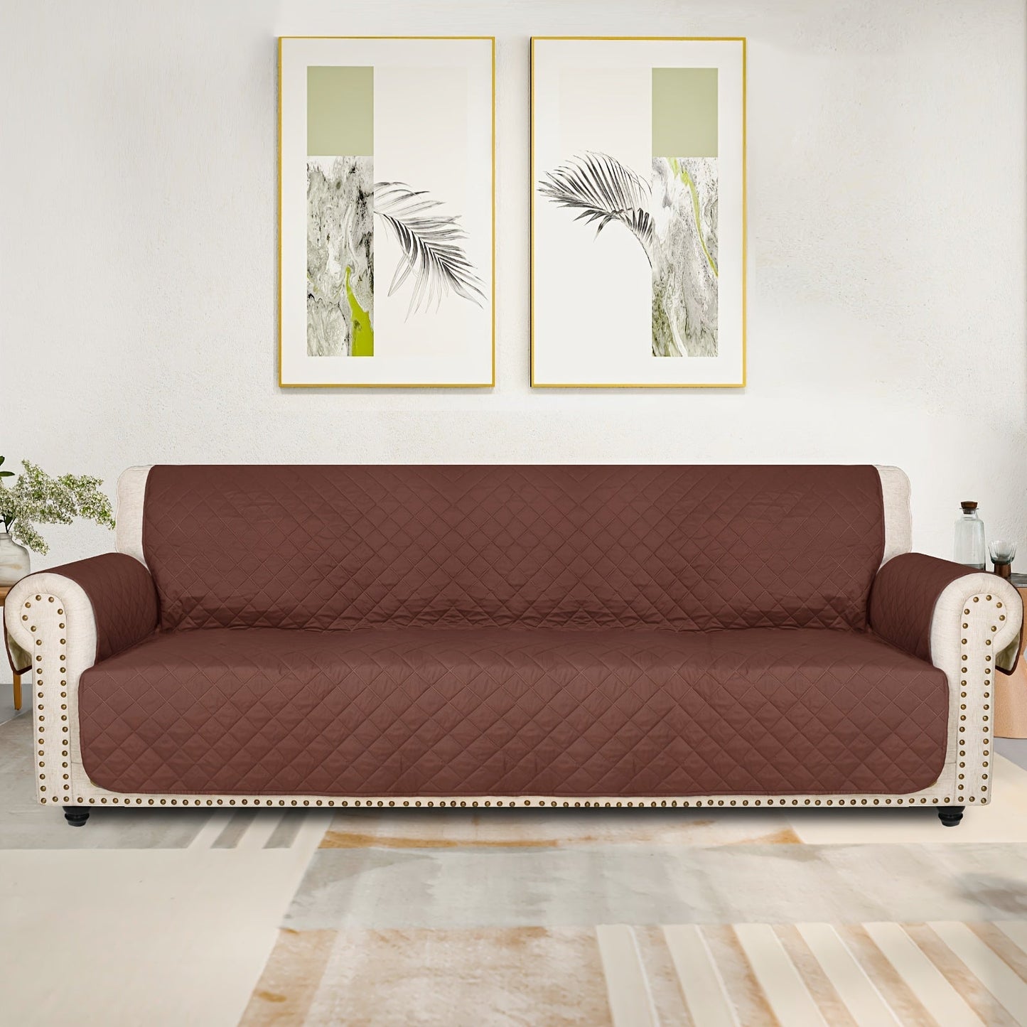 Sofa Cover Five-Layer Quilted Microfiber Protector with Elastic Strap and Foam Anchors for 3 or 4 Seats