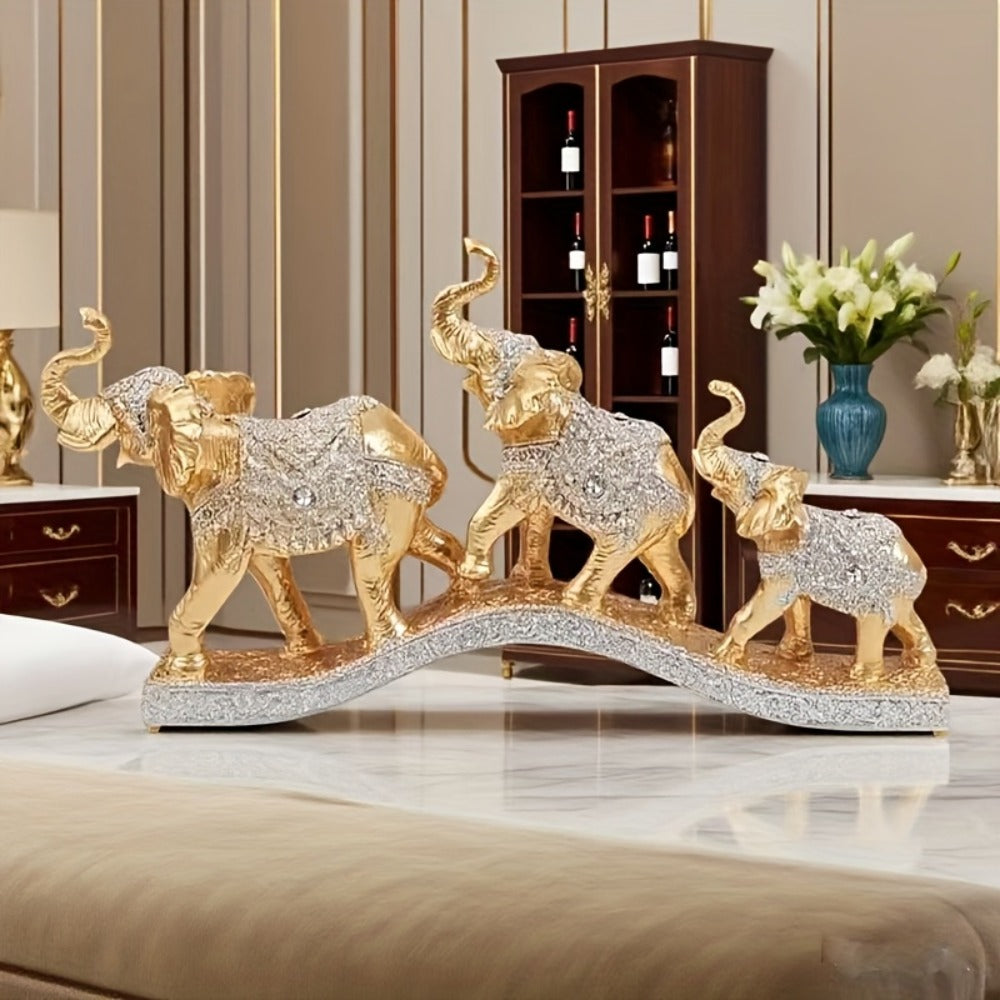 Golden Elephant Family Figurine Set with Three Resin-Look Sculptures on a 14-Inch Display Base