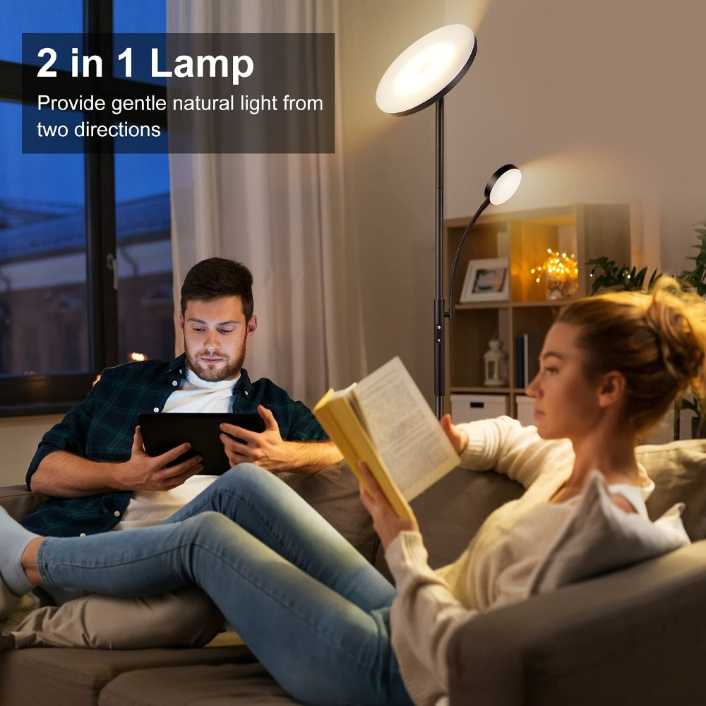 Dual-Head Torchiere Floor Lamp with 27W Main Light, 7W Reading Arm, Four Color Temperature Modes and Remote or Touch Control