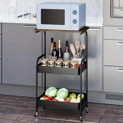 Three-Tier Rolling Storage Cart with Wooden Tabletop, Reinforced Black Frame and Locking Casters