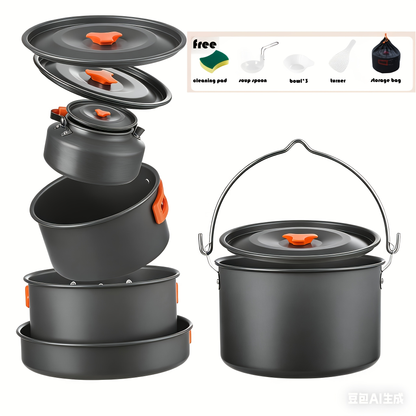 Outdoor Camping Cookware Set, Portable Aluminum Alloy Cooking Pot Pan Kettle Kit, for Camping, Travel and Outdoor Use