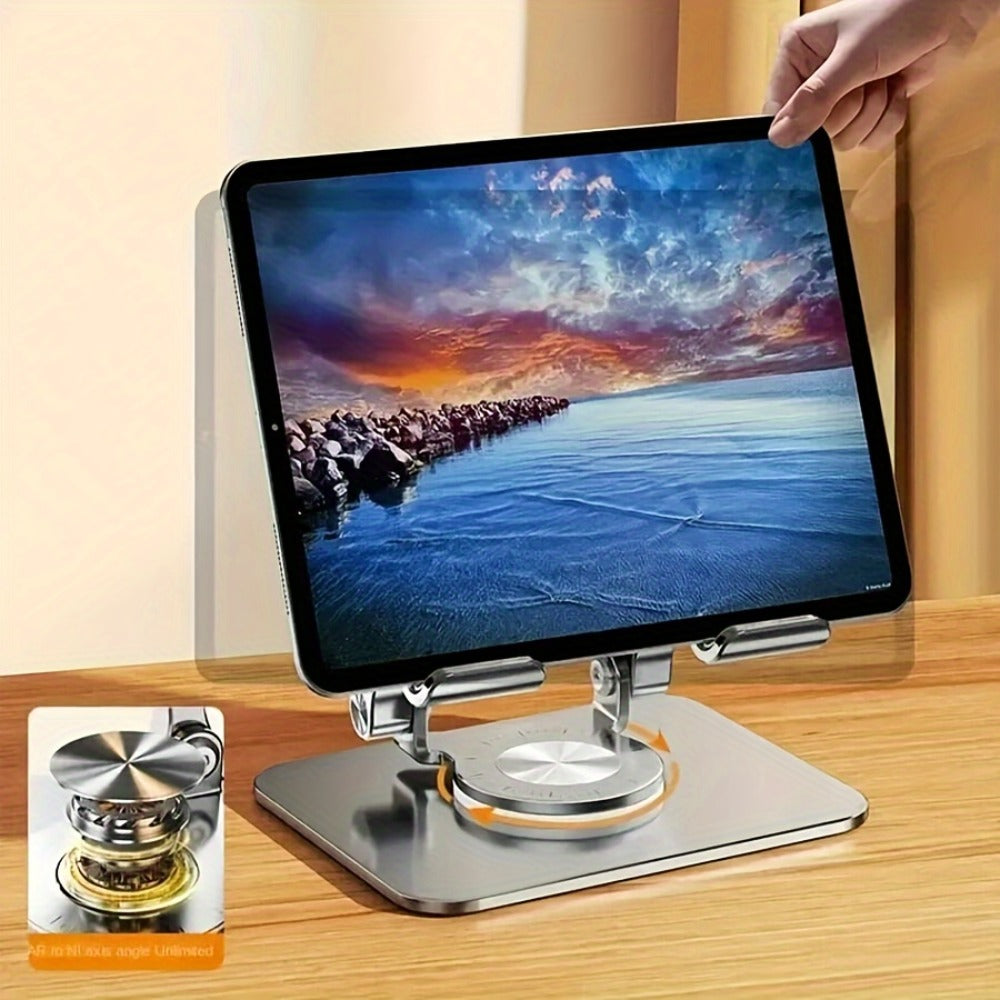 Black or Silver Rotating Tablet Stand with Foldable Desktop Base, Adjustable Tilt and Portrait or Landscape Viewing