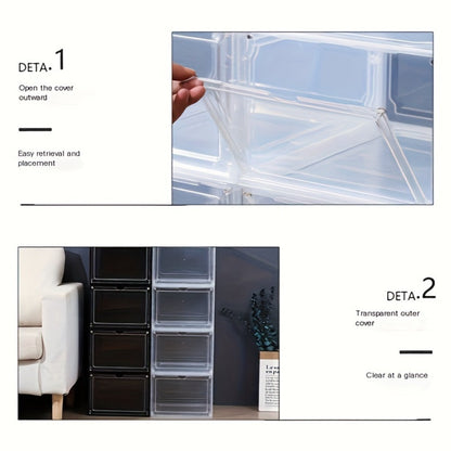 Six-Pack Clear Stackable Shoe Display Boxes with Magnetic Front Doors in Black or White for Closets