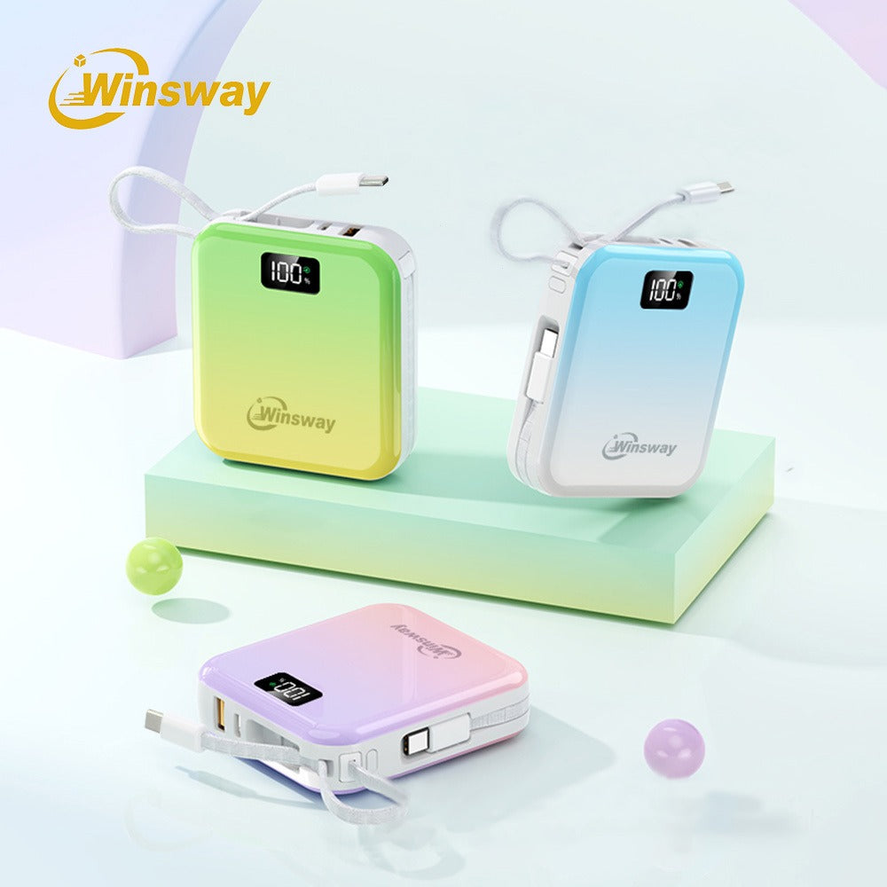 10000mAh Winsway Power Bank with 22.5W Label, Built-In USB-A and USB-C Cables and Gradient Colors