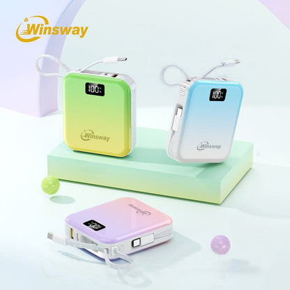 10000mAh Winsway Power Bank with 22.5W Label, Built-In USB-A and USB-C Cables and Gradient Colors