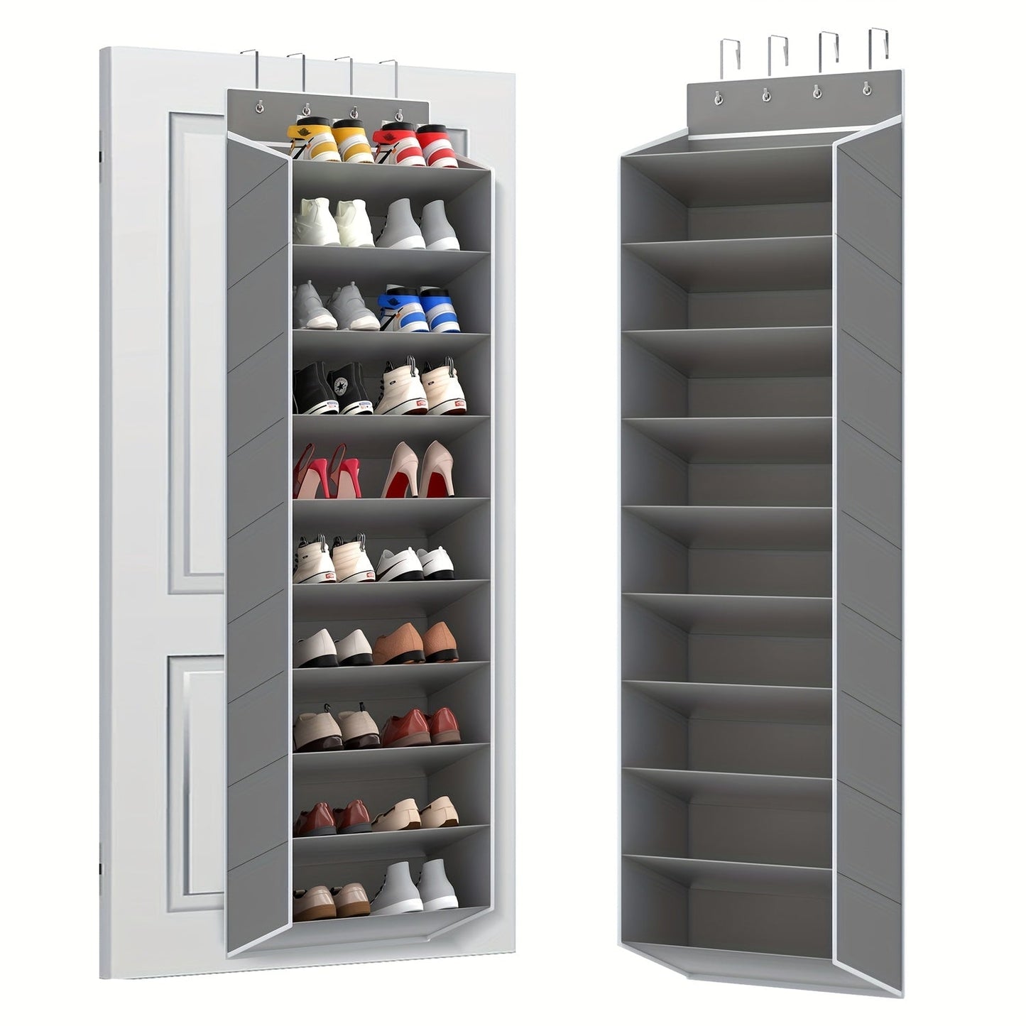 Shoe Rack 10-Tier Space-Saving Over-the-Door Organizer for Up to 20 Pairs with 4 Metal Hooks in Gray